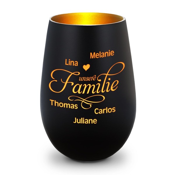 GRAVURZEILE Lantern with Engraving – Our Family – Personalised with up to 5 Names – Beautiful Gift for Mum, Dad & Families for Birthday or Christmas – Colour: Black/Gold