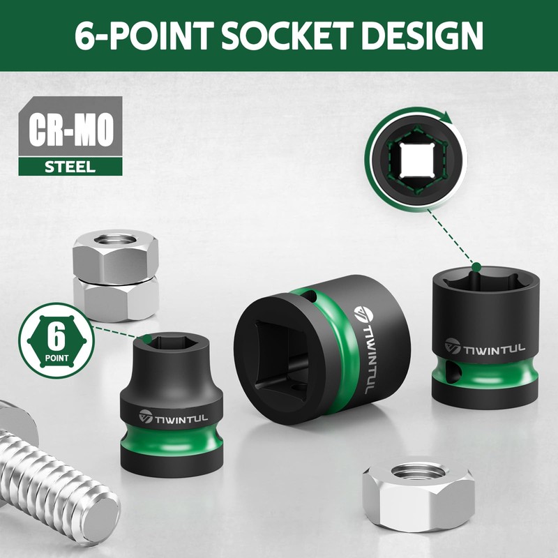 TIWINTUL 1/2" Drive Shallow Impact Socket Set, 8-24mm, Metric, CR-MO,