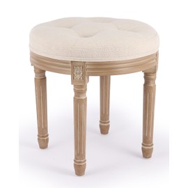 Vonluce Vintage Round Brushed Wood Stool with Diamond Tufting, 18-Inch, Beige