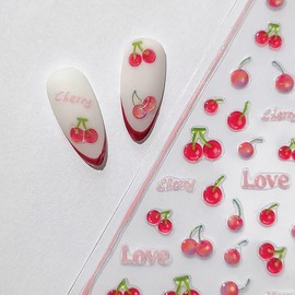 5D Embossed Cherry Nail Stickers Self-Adhesive Cute Nail Decals Supplies Red Nail Art Acrylic Decals Nail Decoration Charms for Women and Girls (1 Sheet)
