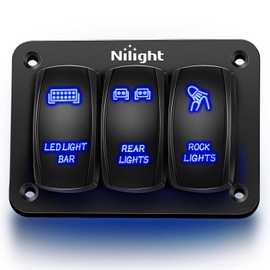 Nilight - 90105C 3 Gang Aluminum Rocker Switch Panel 5 Pin ON/Off Pre-Wired Toggle Switch Panel With Rocker Switch Holder 12/24V for Marine Boat Car ATV UTV, 2 Years Warranty,Blue