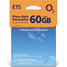 O2 PAY AS YOU GO SIM CARD WITH £15 BUNDLE - 25GB + 35GB PROMOTIONAL DATA AND UNLIMITED CALLS AND TEXTS - ROAM IN EUROPE