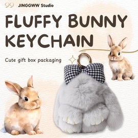 JINGGWW Fluffy Bunny Keychain Plush, Cute Plush Rabbit Keychain, 3.9in Fluffy Shy Face-Covering Bunny Keyring (B12)