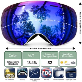 Juli Ski Goggles,Winter Snow Sports Snowboard Goggles with Anti-Fog UV Protection Interchangeable Spherical Dual Lens for Men Women & Youth Snowmobile White Frame/Blue(VLT 18.4%) Lens