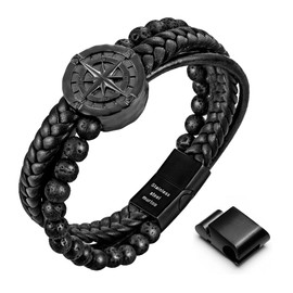 murtoo Bracelets for Men Black Leather Bracelets Mens Bracelet Silver Chain Bracelet Magnetic Clasp Bracelet Gift for Him Viking Bracelet for Men (Black Lava, 8.5'')