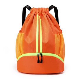 Vepudi Sports Drawstring Backpack Gym Swim Bag with Shoes Compartment, Water Resistant, Zipper & Mesh Pockets for Women & Men (Orange)