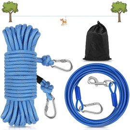 Petbobi Dog Runner for Yard 50FT, Dog Tie Out Cable for Camping with 10FT Dog Run Wire Cable, Portable Reflective Dog Lead Line with 360° Tangle Free &Heavy-Duty Clasp for Yard, Park, Blue