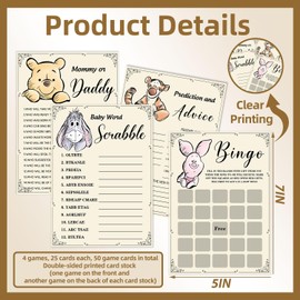 50Pcs Winnie Baby Shower Games, 2 Sets (25 Cards Each, 4 games) Activities Cards, Winnie Baby Shower Party Supplies, Include Baby Bingo, Prediction and Advice, Mommy's Belly, Word Scramble 4 Games
