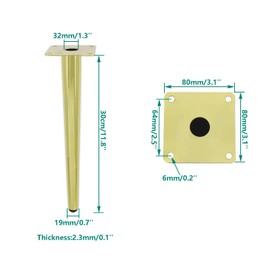 Ulifestar 4 Pack Furniture Legs, Round Tapered Furniture Feet, Heavy Duty Metal Foot for Sofa Cabinet Cupboard Bar Bed Table Chair Couch Ottoman Dresser Desk Home DIY Projects (30cm/12 Height, Gold)