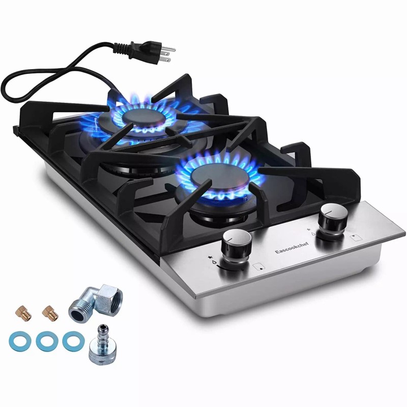 Eascookchef 2-Burners 12inch Gas Cooktop Eascookchef Tempered Glass NG/LPG Convertible