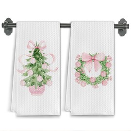 Elefeltclave Pink Chinoiserie Christmas Tree Kitchen Towels, Coquette Bow Christmas Dish Tea Towels for Kitchen Decor, Preppy Xmas Wreath Tree Decorative Hand Towel for Bathroom, 16x24 Inch Set of 2
