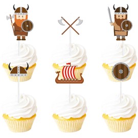 18pcs Brown Glitter Viking Dessert Cupcake Topper Ship Helmet Brave Barbarian Pirate Theme Decor Supplies Baby Shower Happy Birthday Party Decorations