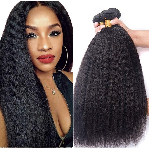 IFLY Brazilian Real Hair, Yaki Human Hair, 3 Bundles (18 20 22 inches), Kinky Straight Human Hair Bundles, 100% Unprocessed Virgin Human Hair Extensions, Real Hair, Natural Black Colour