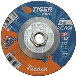 Weiler 58031 5 Inch Cutting Wheel, Tiger Zirc Steel/Metal Fast Cut & Long Life High Performance Cutting, .045" Z60T Type 27 5/8"-11 Hub, Pack of 10
