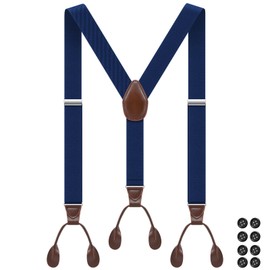 Button Suspenders for Men Y-Back 1.4 Inches Wide Leather Button End Elastic Adjustable Suspenders for Men Tuxedo Navy Braces