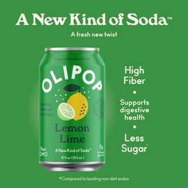OLIPOP Prebiotic Soda Pop, Lemon Lime, Pantry Pack Packed with Prebiotics, Fiber, and Botanicals, Gluten Free, GMO Free, 12oz (12-Cans)