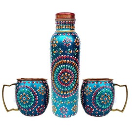 Rastogi Handicrafts Handmade Copper Outer Hand Painted Art Work turquoise color Water Bottle (Joint Free & leak proof) and Mug - Cup 16 oz (2)