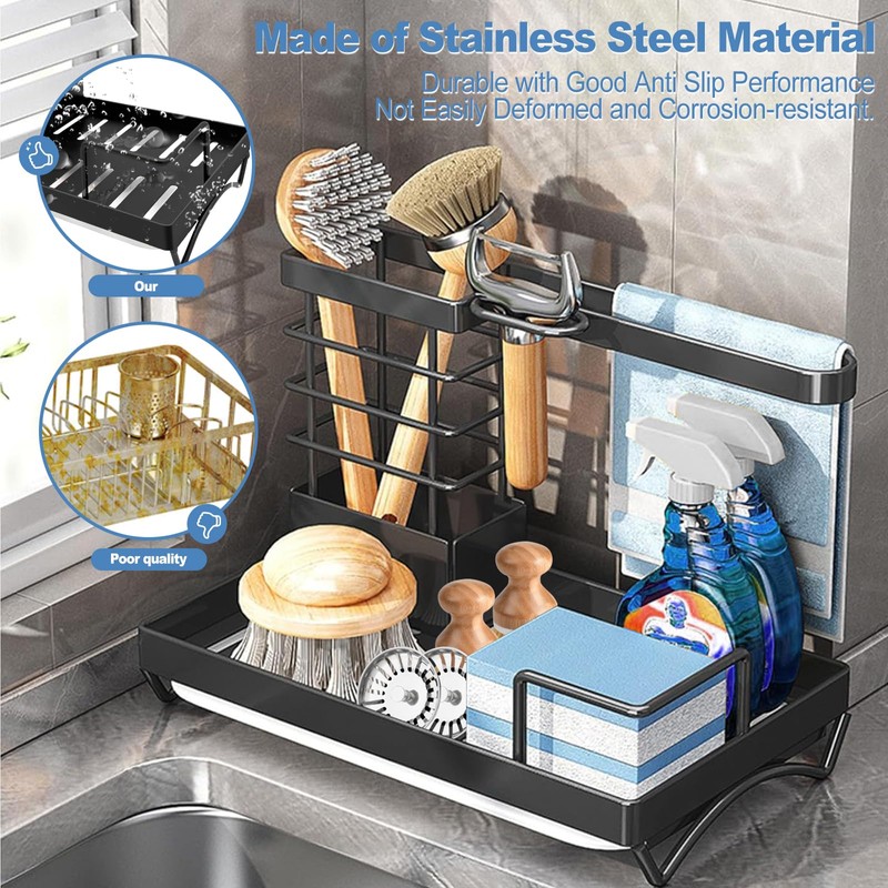 SIVOEAN Sink Organiser Stainless Steel with Drain Pan, Sponge/Dish Cloth