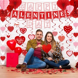 Valentines Day Decorations, Valentines Party Supplies with Happy Valentines Day Banner Heart Garland Heart Hanging Swirls and Paper Fans, Love Decorations for Home Office Wedding Anniversary