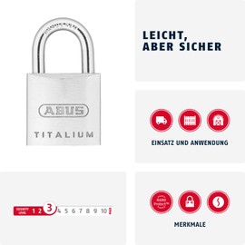 ABUS Titalium 64TI/20 padlock - set of 2, keyed alike - lock body made of special aluminum - hardened steel shackle - ABUS -Security level 3 - silver