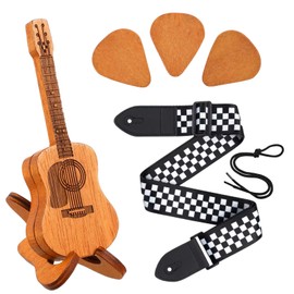 Benaewa Guitar Accessory Kit Include Bass Guitar Strap, Wooden Guitar Plectrum Holder with 3 Guitar Picks, Suitable for Electric & Acoustic Guitars