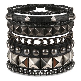 Yolev Set of 4 Punk Leather Bracelets Hematite Black Braided Leather Bracelets Set for Men Women Adjustable Spike Metal Cuff Bangle Length Woven Leather Bracelet