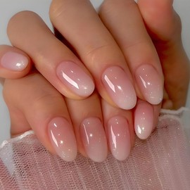 Oval Press on Nails Short Fake Nails with Pink White Gradient Designs Glossy Glue on Nails Cute Acrylic Nails Daily Wear Simple False Nails Artificial Stick on Nails for Women 24Pcs
