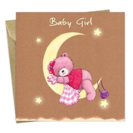 Twizler Popcorn The Bear New Baby Girl Card with Moon and Pink Blanket - New Baby Card - Newborn Essentials - Congratulations Card - Cute Card - New Baby Gifts - New Baby Girl Gifts