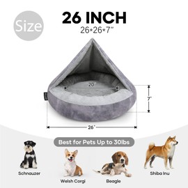 Cozy Soft Dog Bed with Hooded Blanket Warm Calming Cat Cave for Small Medium Dogs and Cats, Non-Slip Bottom & Machine Washable Pet Beds, Grey 26x26x7″