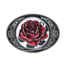 MASOP VOGU Vintage Oval Flower Red Rose Belt Buckle Cowgirl Girl Rodeo Floral Metal