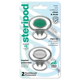 Steripod Protector de cepillo de dientes con clip, azul transparente y verde transparente, 2 unidades