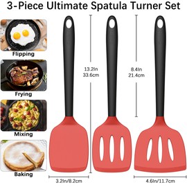 Coukre Silicone Spatula Set of 3, High Heat Resistant, BPA-Free, Kitchen Utensils, Fish Spatula, Solid & Slotted Turner for Non-Stick Pans, Flipping Eggs, Pancakes, Fish, Burgers (3, Red)