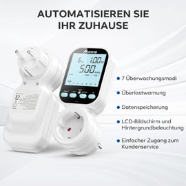 Wattmeter Socket, Digital Electricity Meter, Maxcio with 7 Modes, Energy Saving Socket with Backlit LCD Display, Power Monitoring for Large Appliances