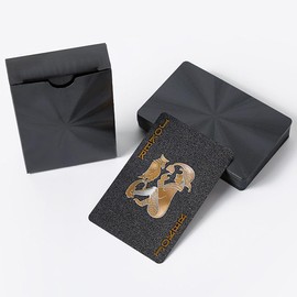 QUANTALY 54 Pcs Plastic Magic Playing Cards Black Gold Waterproof Gold Foil Party Game Gatherings with Storage Case (Set A)