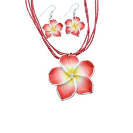 Cute Hawaiian Plumeria Rubra Pendant Necklace Boho Tropical Flower Earrings Summer Beach Party Jewelry Accessories for Women-Red