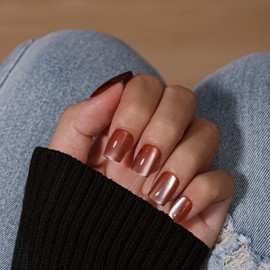 KQueenest Cat Eye Press On Nails Short Coffin, 30 Pcs Glitter Light Brown Press On Nails Summer, Sparkly Fake Nails With Glue, Glass Nails Press ons, Reusable Soft Gel Stick on Nail for Women Gift