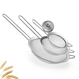 3 Fine Mesh Strainers Set with Handle for Kitchen - Sizes 7", 4.7", 3.3", Easy Clean 304 Stainless Steel, Comfortable Non-Slip Grip. Ideal for Tea, Coffee, Rice, Quinoa, Veggies & Fruits