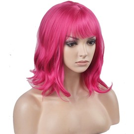 BERON 14 Inches Hot Pink Wig Short Curly Wig Women Girl's Synthetic Wig Rose Red Wig with Bangs Wig Cap Included