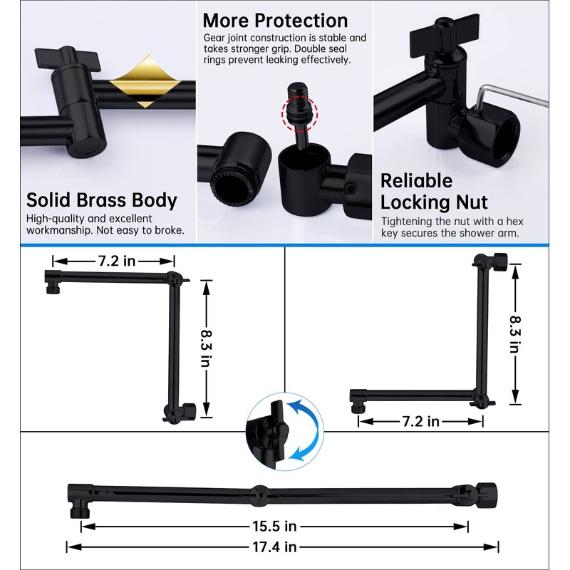 G-Promise 16 Inch Shower Head Extension Arm, Solid Brass Height