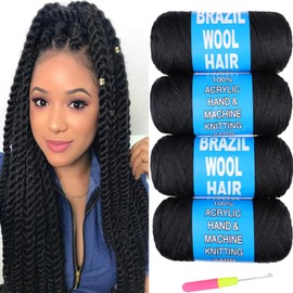Mscat 4 Roll Natural Black Brazilian Wool Hair Yarn for Hair Crochet Braiding Braid Twist Warps Senegalese Twisting Jumbo Braids Faux locs Box Braids Knitting Hair Braids 70G/Roll(1B#)