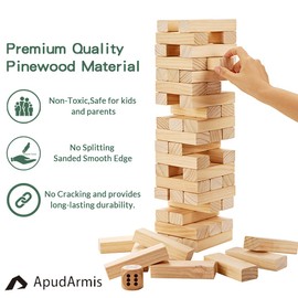ApudArmis 54 PCS Tumble Timber Set [Up to 3.2FT], Pine Wooden Tumble Tower Game with Dice and Scoreboard Set - Classic Block Stacking Board Game for Teens Children Teenagers