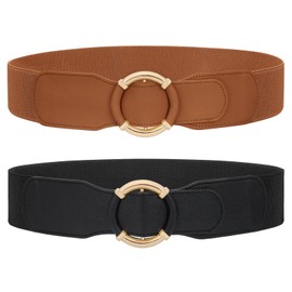 JASGOOD Women Wide Waist Belt Stretchy Elastic Vintage Belts for Dress Ladies Belt with Circle Buckle,Black+Brown