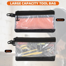 FRETONBA Small Tool Pouch with Hanging Buckle, Pvc Zippper Tool Bag with Mesh Window, Waterproof and Antistatic Pouch Bag for Spanner, Plier, Screw Storage Organiser, Transparent