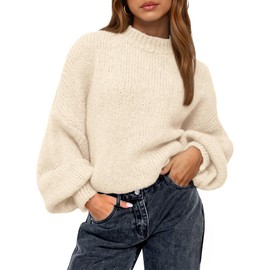 BTFBM Sweaters for Women Fall 2025 Crew Neck Lantern Long Sleeve Oversized Sweater Casual Knit Winter Pullover Tops(Beige, Large)