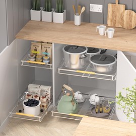 blitzlabs Expendable Pull Out Cabinet Organizer Slide Out Kitchen Cabinet Storage Shelves Heavy Duty Stainless Steel Shelf Holder for Under Sink Pantry Closet Under Cabinet, Chrome, 3Packs