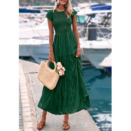 PRETTYGARDEN Wedding Guest Dresses for Women 2025 Summer Floral Cap Sleeve Smocked A Line Long Elegant Party Boho Dress (Dark Green,Medium)