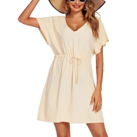 Ekouaer Womens Cover Up Short Sleeve Beachwear Coverups Loose V-Neck Bikini Beach Tunic Top