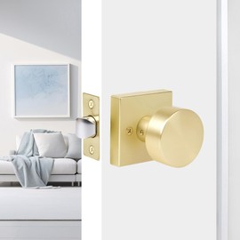 SUHENOVAX 1 Pack Satin Brass Heavy Duty Door Knob - Gold Keyless Passage Lock for 35-45mm Doors, Adjustable 60-70mm Backset, Reversible Zinc Alloy Handle for Closets/Hallways