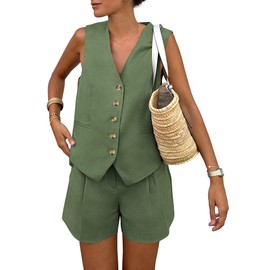 PRETTYGARDEN Women's Summer 2 Piece Outfits Sleeveless Matching Sets Button Down V Neck Vest Waistcoat and Pockets Shorts (Army Green,Large)