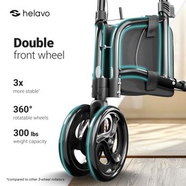 Helavo 3 Wheel Rollator Walker for Seniors, 3 x More Stable, 8" Wheels - Ultra Lightweight Foldable Narrow Walker for Small Spaces, Aluminum Three Wheel Mobility Aid for Indoors and Outdoors